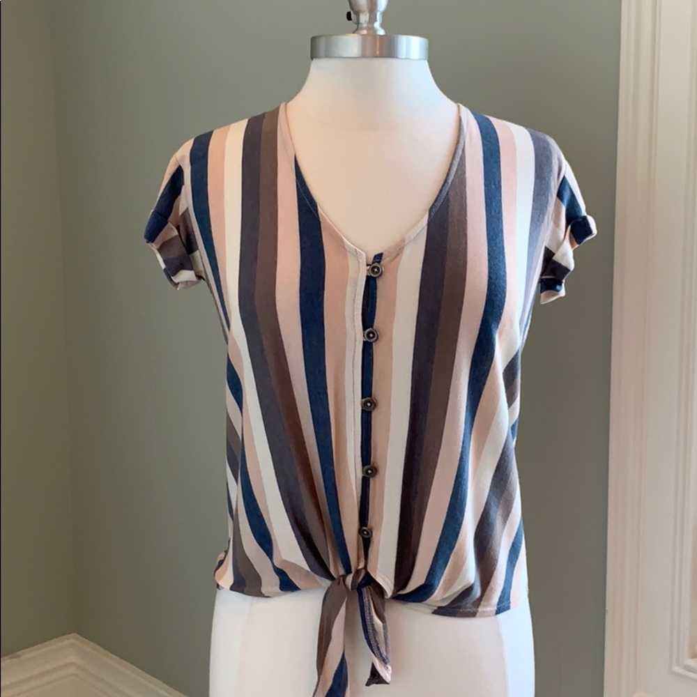 American Eagle Outfitters Striped Button-Front Tie Hem Tee in Blue, Brown, Cream